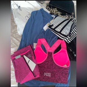 Pink tights & sports bra, Leather black jeans, Zara’s white baggy jeans bundle
